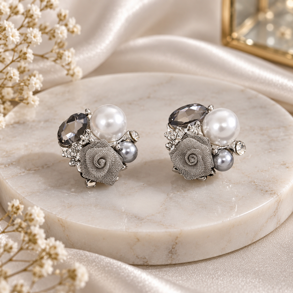 Silver Rose & Pearl Statement Earrings