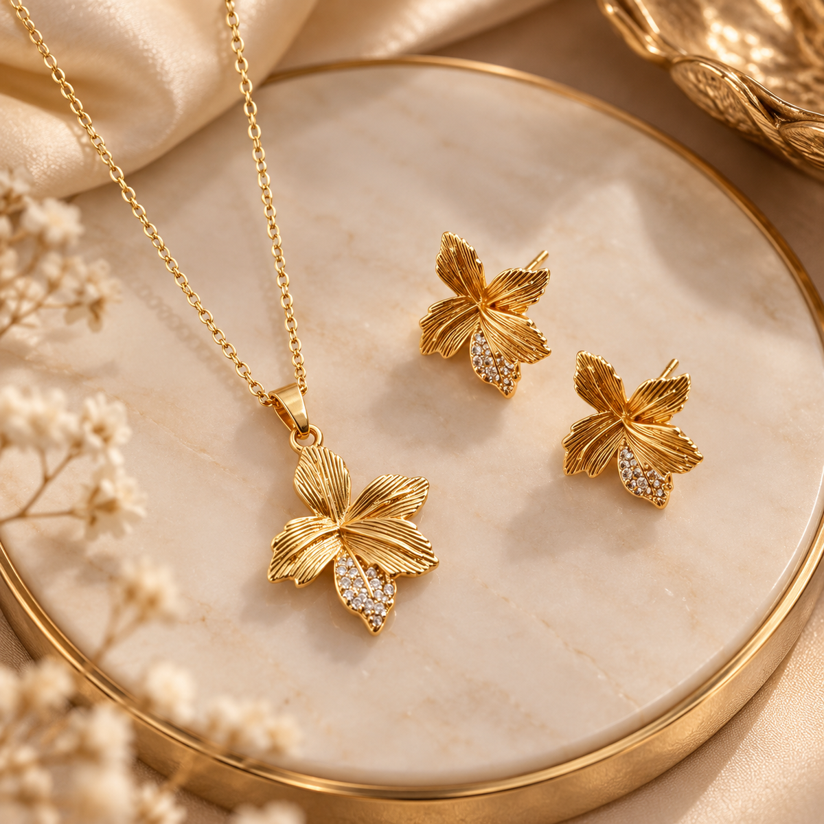 Gold Tone Floral Pendant Set