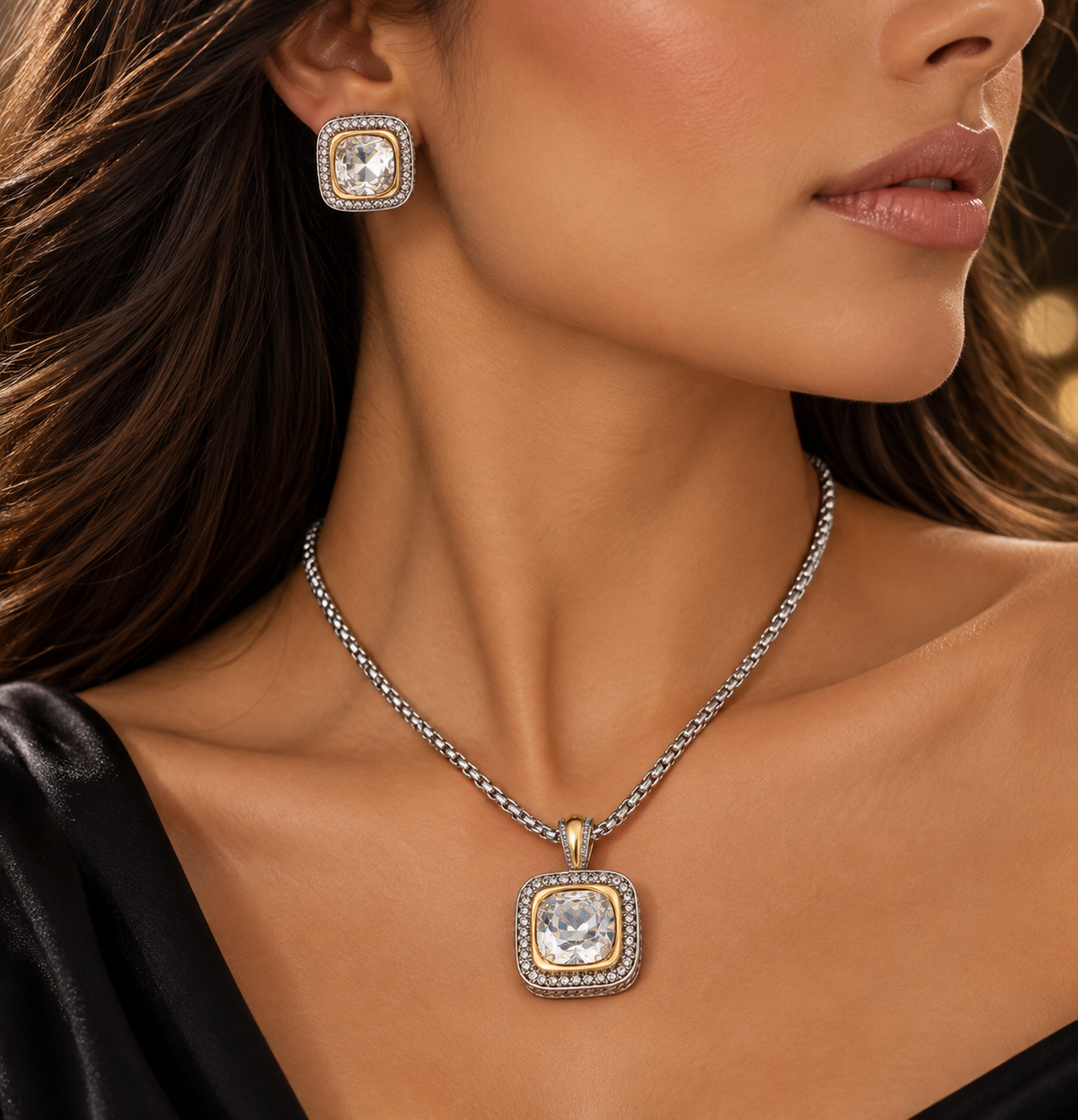 Luxe Two Tone Crystal Square Pendant Set