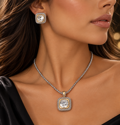Luxe Two Tone Crystal Square Pendant Set
