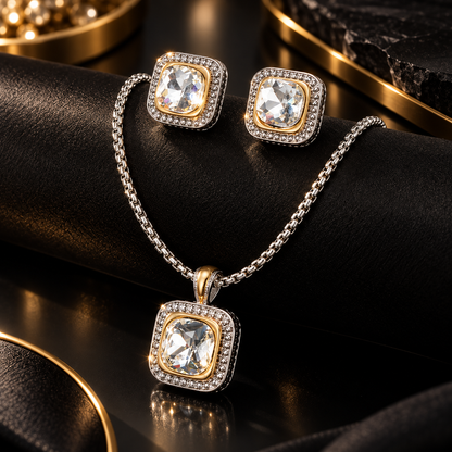 Luxe Two Tone Crystal Square Pendant Set