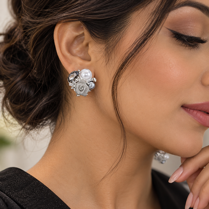 Silver Rose & Pearl Statement Earrings
