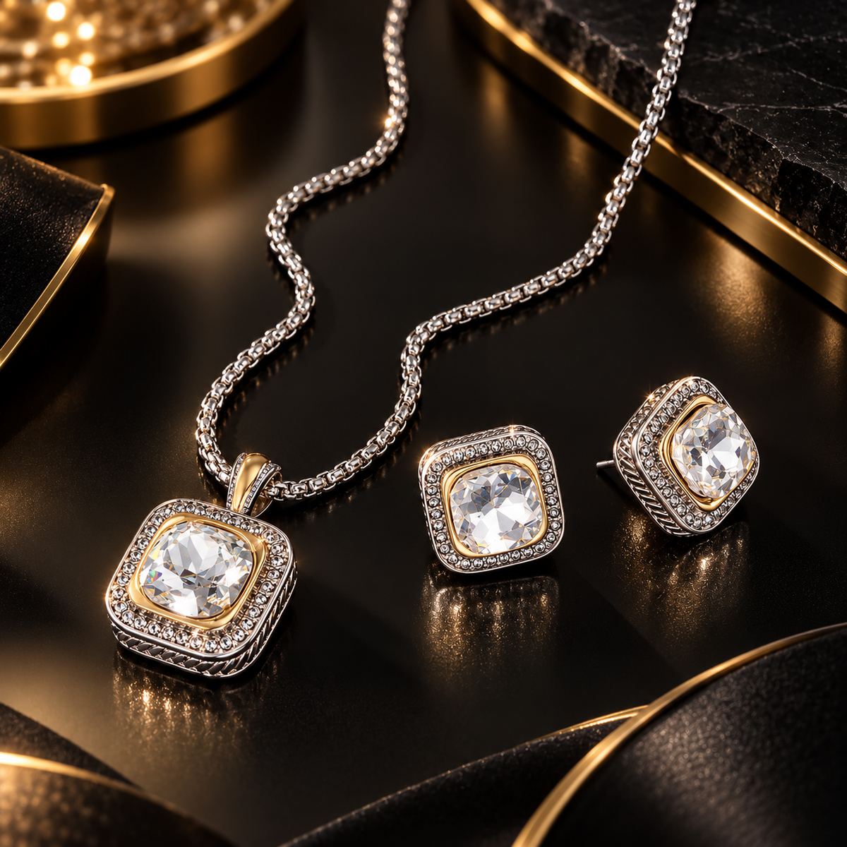 Luxe Two Tone Crystal Square Pendant Set