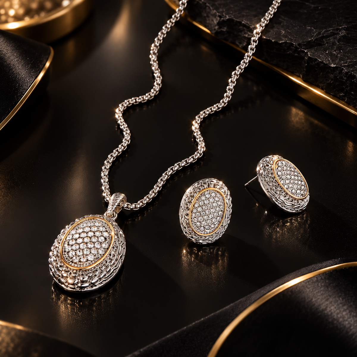 Luxe Two Tone Crystal Pendant Set