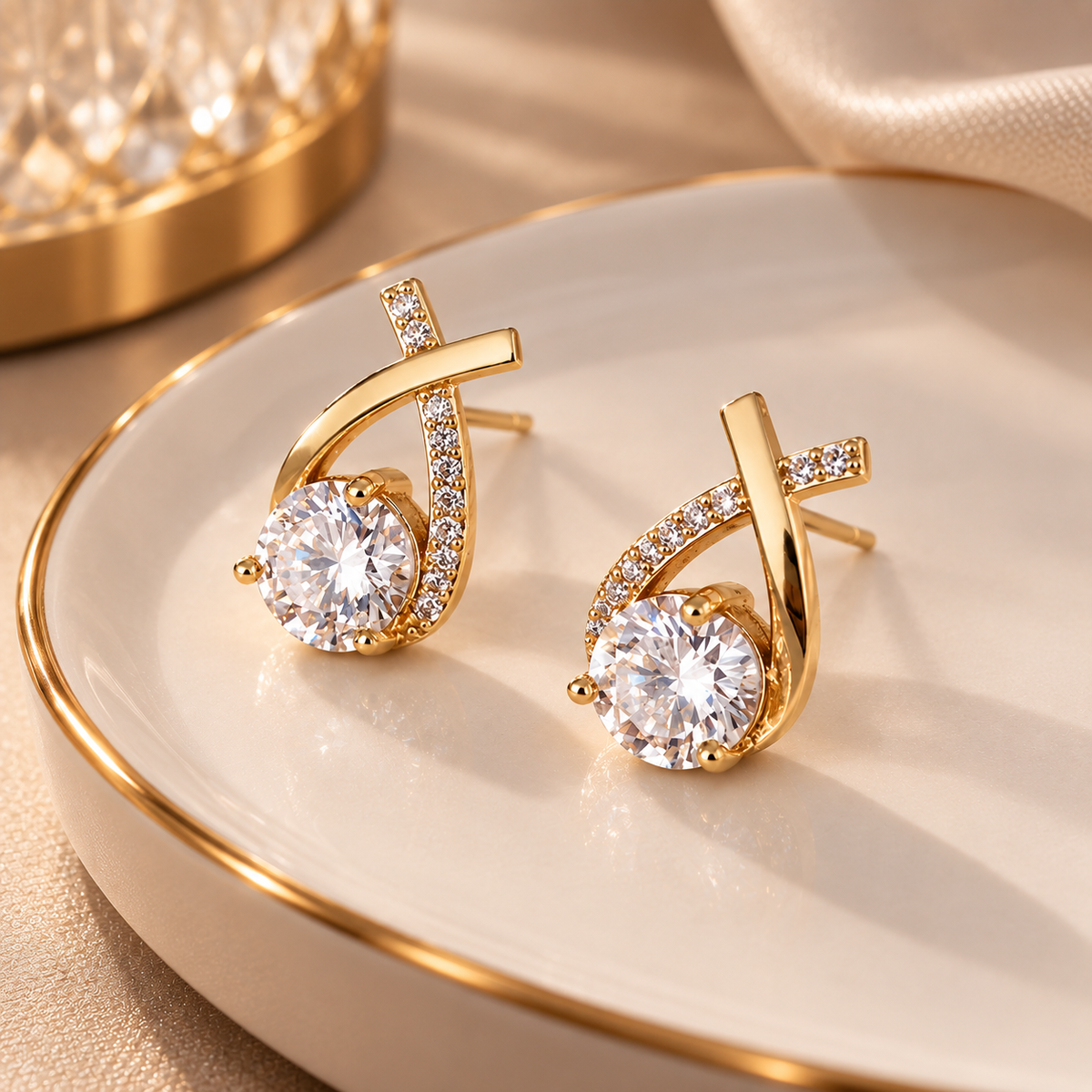 Golden Twist Crystal Stud Earrings